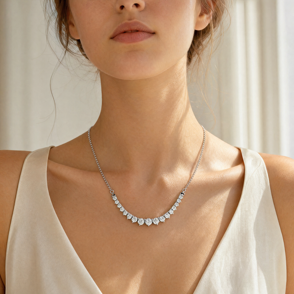 Graduated Diamond Curved Bar Necklace in White Gold